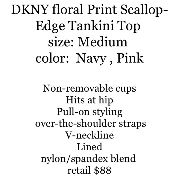 DKNY floral Print Pink Red White navy Scallop-Edge with mesh Tankini Top M EUC - Picture 6 of 16